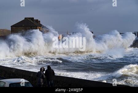 Saltcoats, Schottland, Großbritannien. Februar 2020. Storm Ciara erzeugt große Wellen, die bei Saltcoats in Ayrshire über die Wasserwand brechen. Der Zugverkehr auf der angrenzenden Bahn wurde unterbrochen. Angesichts der hohen Flut, die am Mittag fällig wird und die Winde voraussichtlich später am Tag an Geschwindigkeit zunehmen werden, wird die Höhe der Wellen voraussichtlich dramatisch ansteigen. Iain Masterton/Alamy Live News. Stockfoto