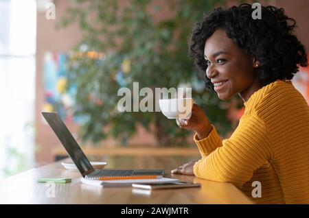 Fröhliches Afro Mädchen trinkt Tee, während er mit Laptop arbeitet Stockfoto