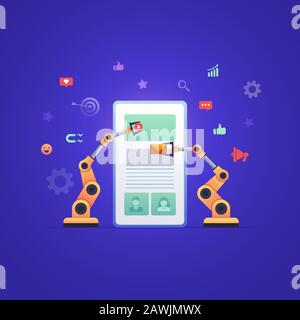 Roboterhands gestalten und verwalten soziale Medien oder mobile Anwendungen. Automatisieren Sie ui, ux-Design oder Social Media-Marketing. Stock Vektor