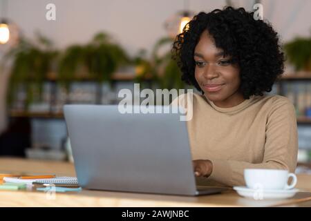 Junge schwarze Dame trinkt Tee und benutzt Laptop Stockfoto