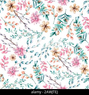 Nahtloses Blumenmuster, Frühlingshintergrund. Handgezeichnetes Aquarell-Illustrationsmuster mit Blumen und Blumen. Stockfoto