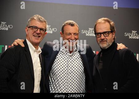 Sanremo, Italien. Februar 2020. Sanremo, Letzte Pressekonferenz des 70. Italienischen Musikfestivals von Sanremo: Claudio Fasulo, Amadeus, Stefano Coletta Credit: Independent Photo Agency/Alamy Live News Stockfoto