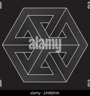 Symbol für unmöglichen Würfel. Weiße optische Vektor-Illusion-Form auf schwarzem Hintergrund. Stock Vektor