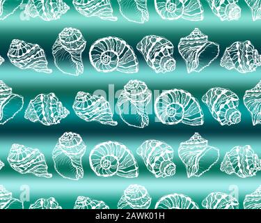 Vektor-Darstellung des marinen nahtlosen Musters.Weiße Hand zieht Meeresschalen auf abstraktem Meereswellenhintergrund Stock Vektor