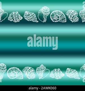 Vektor-Darstellung der marinen nahtlosen Grenze.Weiße Hand zieht Meeresschalen auf abstraktem Meereswellenhintergrund Stock Vektor