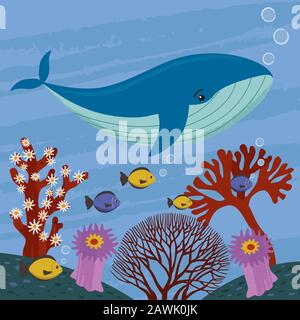 Ein Wal und ein anderer Fisch unter dem sauberen Meer Stock Vektor
