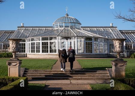 Junge Paare, die in Richtung eines denkmalgeschützten Gewächshauses gehen, das historische camelia Plants unterbringen, im Chiswick House and Gardens im Westen Londons, Großbritannien Stockfoto