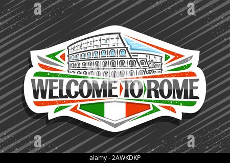 Vector Logo für Rom, weiße dekorative Beschilderung mit Illustration des alten rom kolosseum, Kühlschrankmagnet für Touristen mit kreativen Pinselbriefen für Blak Stock Vektor