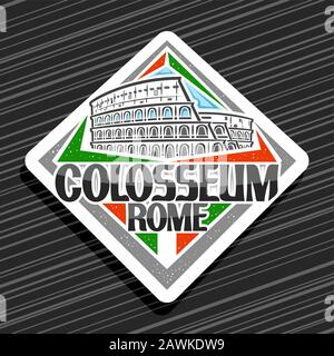 Vektorlogo für römisches Kolosseum, weißer dekorativer Rhombus-Anhänger mit Umriss Illustration des alten rom kolosseum, Design Touristenmagnet für Kühlschränke mit Kreat Stock Vektor