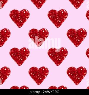 Nahtloses Muster mit roten Herzen auf pinkfarbenem Hintergrund. Glänzende Herzen aus Perlen. Valentines Tageskonzept. Hintergrund für Valentinstag oder Muttertag. Stockfoto