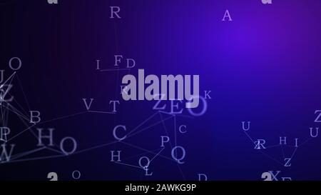 Abstraktes Alphabetornament auf Farbhintergrund. Design Konzept für das Schreiben von Bildung. Zufällige Buchstaben fliegen. 3D-Abbildung. Stockfoto