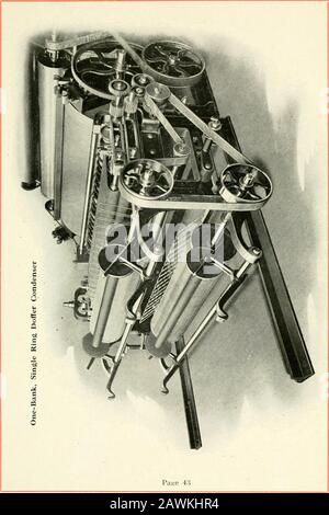 Der von Whitin illustrierte und deskriptive Katalog der Abfallmaschinen für Baumwolle aus Baumwolle von Whitin aus dem Jahr 1919 ZWEIBANK-DOPPELRING-DOFFERCONDENSER Dieser Kondensatortyp, der auf der vorherigen Seite dargestellt ist, wird in diesem Land seit vielen Jahren im Zusammenhang mit dem Wollsystem für Baumwolle niedriger Qualität verwendet. Die Baumwolle wird aus zwei Stoffkleidern entnommen, die mit Ringen aus Kartenbekleidung, die durch schmale Lederstreifen voneinander getrennt sind, bekleidet sind. Diese Lederringe dienen dazu, den Dieb in Streifen gleicher Breite zu unterteilen, die durch eine große gerillte Rolle getrennt und nach vorne gekarrt werden, die von der Thekondenser in Roving eingerieben werden soll. Die Anzahl der zu beendenden Enden Stockfoto