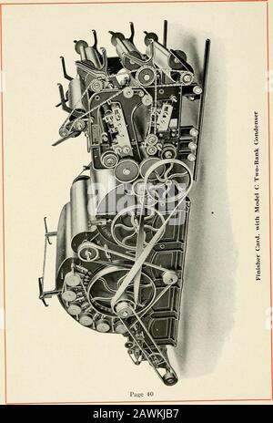 Der von der Firma Whitin illustrierte und beschreibende Katalog der Whitin Baumwoll-Abfallmaschinen d. H. Mit dem Schneiden von Rollen. Der Griff ist nicht positiv genug, wie immer, um einzelne Fasern zu schneiden. In den Rillen von bothtop- und unterteilenden Rollen laufen Lederbänder, auf die die Schmalstreifen von Baumwollgewebe haften, sobald sie getrennt sind. Thesetapes tragen das Netz zu den Kondensatorrollen, die das Band vom Band lösen und in die Roving einreiben und dabei von 80 bis 96 Goodends machen. Die Methode, das Netz auf diesem Kondensator zu trennen, gibt avery gleichmäßige Roving, mit wenig Variationsneigung. Es ist nicht möglich Stockfoto