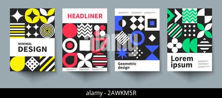 Plakate und Plakate sind bauhausbeformt. Geometrische Elemente und Muster für Flyer, Broschüren. Vektorgrafiken im 80er-Stil Stock Vektor