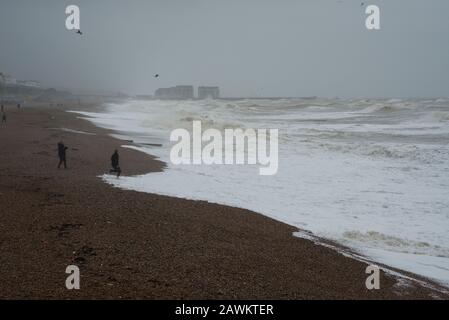 Brighton, East Sussex. Februar 2020. Wetter in Großbritannien. Storm Ciara schlägt die Südküste mit riesigen Sturzwellen in Brighton Marina, vor wagemutigen Zuschauern am Brighton Beach in der Nähe des Piers, und auf das in der Klasse II aufgeführte Albion Groyne, das aufgrund von Sturmschäden, die im Dezember 2019 erworben wurden, gesperrt bleibt. Das Met-Büro hat "Wut auf das Leben"-Wetterwarnungen in ganz Großbritannien wegen starker Winde herausgegeben. Stockfoto