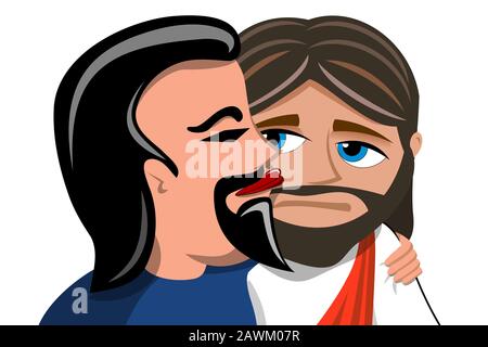 Judas verrät Jesus, der ihn isoliert auf Weiß küsst Stockfoto