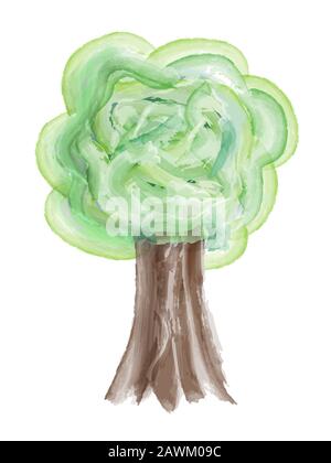 Grüner Baum isoliert auf weißem Hintergrund. Aquarelldarstellung Stockfoto
