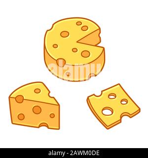 Cartoon-Set mit Käse. Dreieckstück, Radkreis schneiden und schneiden. Gelber schweizer Käse mit Löchern im einfachen, niedlichen handgezeichneten Stil. Isolierter Vektor il Stock Vektor