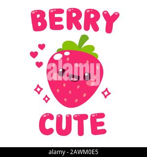Kawaii Erdbeere mit Gesicht, Herzen und Glitzern mit Textschrift Berry Cute. Lustige Illustration aus Fruchtpun, niedliche und einfache Zeichnung im Dordelstil. Stock Vektor