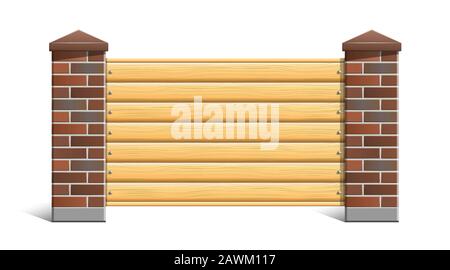 Zaun mit Ziegelpfeilern und Holz. Vektor eps10 Stock Vektor