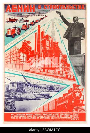 Offizielles PLAKAT DER konstruktivistischen Propagandapropaganda "Lenin on Construction" aus dem Jahr 1930, Jahrgang DER sowjetischen UdSSR, "Lenin on Construction". Mit Lenin auf einem erhöhten Podium, mit einer Vielzahl kommunistischer Industriebau- und Produktivitätsszenen der UdSSR der UdSSR Stockfoto