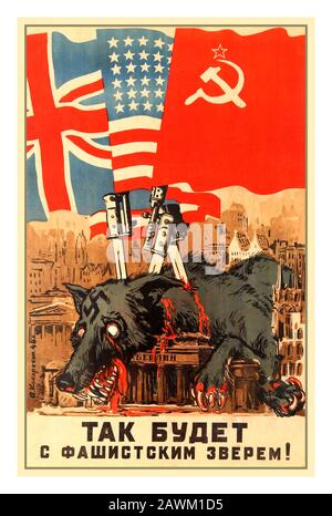 Russisches Propaganda-Poster "Das Wird Dem Faschistenbeast", UdSSR, Aleksei Kokorekin, 1944, Posterplakat der Anti-Nazi-Propaganda, das die Blutungen der Nazi-Bestien zeigt, die auf dem Brandenburger Tor in Berlin niederliegend erstochen wurden Stockfoto