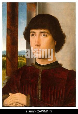 Porträt EINES Jungen Mannes von Hans Memling. Hans Memling (auch Memlinc geschrieben; c 1430 - 11. August 1494) war ein deutscher Maler, der nach Flanderns zog und in der Tradition der Frühen niederländischen Malerei arbeitete. Er wurde im Mittelrheingebiet geboren und verbrachte vermutlich seine Kindheit in Mainz. Er war bis 1465 in die Niederlande gezogen und verbrachte Zeit in der Brüsseler Werkstatt von Rogier van der Weyden. Er wurde in der Folge Bürger von Brüggen, wo er zu einem der führenden Künstler wurde, in denen er religiöse Werke malte, die oft Porträts seiner reichen Mäzene einflossen. Stockfoto