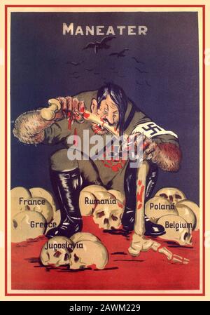 WW2 Adolf Hitler EUROPEAN INVADER OCCUPIER „MANEATER“ Illustration als dämonisches Hakenkreuz mit Maneater - britisches Propagandaposter aus dem Jahr 1942, auf dem Hitler als Kannibale dargestellt wird, der die Knochen und Schädel von Frankreich, Griechenland, Jugoslawien, Rumänien, Polen und Belgien auf dem gesamten europäischen Kontinent verschlingen lässt. Propagandaposter aus dem 2. Weltkrieg WW2 Stockfoto