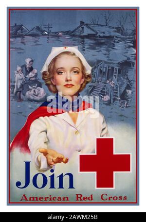 Red Cross Vintage vierziger Jahre Rekrutierungsplakat, das "DEM ROTEN KREUZ BEITRETEN" appelliert, 1941 Zweiter Weltkrieg USA AMERIKA AMERIKANISCHE FRAUEN ARMEEKRANKENSCHWESTER CORPS WAR ROTES KREUZ PROPAGANDA-APPELLATIONSLASTER Stockfoto