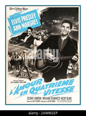 Elvis Presley Movie Poster "Love in 4th Gear" aus den 1960er Jahren für den französischen Markt "l'Amour en Quatrième Vitesse" mit Elvis Presley Ann Margaret Cesare Danova William Demarest Nicky Blair. Französisches Plakat beförderte den Elvis-Presley-Film Viva Las Vegas aus dem Jahr 1964 mit dem Titel in France L'Amour en Quatrième Vitesse (Liebe im vierten Gang). Regie führte George Sidney Stockfoto