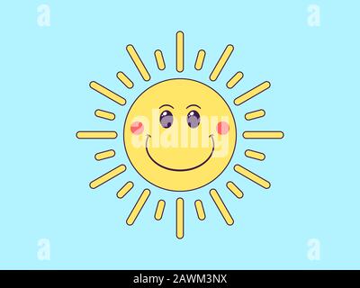 Cartoon-Sonne mit fröhlichem Gesicht. Freundliche Sonne für Postkartendesign, Banner und Poster. Süßer sonniger Charakter mit großem Lächeln und umgeben von Sonnenstrahlen. Vec Stock Vektor