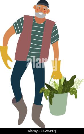 Leute, die im Garten arbeiten. Isolierter Mann, der Eimer mit Gemüse trägt. Niedliche flache Illustration Stock Vektor