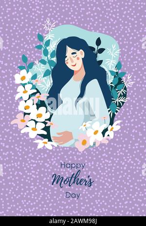 Froher Muttertag. Schwangere Frau umgeben von vielen Blumen. Vertikale Vektor-Grafik, niedlich, flach. Stock Vektor
