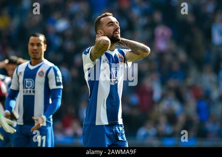 Barcelona, Spanien. Februar 2020. Sergi Darder vom RCD Espanyol beim Liga-Spiel zwischen RCD Espanyol und dem FC Barcelona im RCD-Stadion am 09. Februar 2020 in Barcelona, Spanien. Credit: Dax/ESPA/Alamy Live News Stockfoto
