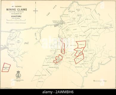 Die Geologie der Unterabteilung Coromandel, Hauraki, Auckland . rv Quarz, der mit trusigen Hohlräumen ausgestattet ist, ist gelegentlich die für Kuaotunu charakteristische weiße, frittierbare laminierte Sorte sichtbar. Mehrere Auswüchse aus Venenmaterial wurden kürzlich von Prospektoren auf der Otanguruslope des Sporns lokalisiert. Allgemeine Proben aus diesen Vorkommnissen zeigten bei der Analyse einen Goldgehalt von 22 g bis 1 oz. 16 dwt. Pro Tonne und Silber 1 dwt. 22 g bis 2 oz. 3 dwt. 12 g pro Tonne. Da sich die Aufnahmen in unmittelbarer Nähe und in einer höheren Höhe befinden als die tiefsten der alten Arbeiten, dürfen sie nur Stockfoto