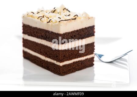 Köstlicher hausgemachter Kakaoschwammkuchen mit Zuckermasse auf einem Teller mit Gabel in Nahaufnahme Stockfoto