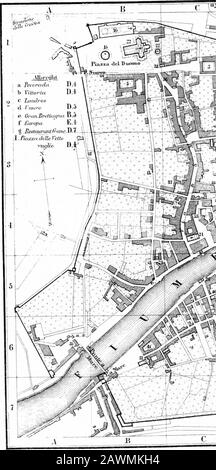 Italien: Handbuch für travellersFirst Part, Norditalien. Arno-Kanal und durchquert flaches Wiesenland, durchschnitten von Kanälen und gelegentlich erleichtert von einer Fnewpine; bis hin zu einer Reihe von Hügeln in einiger Entfernung. Die Stadt AtPisa befindet sich auf der S.-Seite der Stadt. Diejenigen, die die Kathedrale und ihre Umgebung besuchen möchten, lassen ihr Gepäck nur an der Station, und, ohne die Unbedringlichkeiten der Umstehenden zu achten, fahren mit dem Fiacre (1 fr.) zur Kathedrale und zum Campo Santo. Pisa, eine ruhige Stadt mit 34.000 Einwohnern, gilt aufgrund der Milde und Feuchtigkeit als gute Winterresidenz für Invaliden Stockfoto
