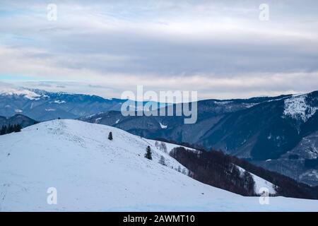 Winter in den Bergen von Cindrel, Rumänien, Magura Peak, 1304 m Stockfoto