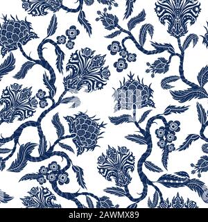 Nahtloses Muster mit Ästen Blumen im chinoiserie-Stil. Japanisches blaues Keramikmuster. Stock Vektor