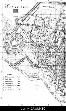 Italien: Handbuch für travellersFirst Part, Norditalien. Iale Einlagen und andere Ursachen sind jetzt 17 M. entfernt. Arqua. Die Linie überquert den Bianco-Kanal bei TheBosaro, und bei Stat Polesella erreicht der Po, hier folgt die Grenze betweenVenetia und die Romagna (bis zum Jahr 1866 zwischen Italien und Österreich).Die 1. Bank des Po folgt nun. Paviole, Stan. Maria Maddalenn, früher Sitz des österreichischen Zollhauses. Der Fluss wird dann überquert und der Zug erreicht die StationsPontelagoscuro und Ferrara (* Kuropa, gegenüber der Post; Stella Doro, op-posite die Burg, R. 2, L. i/2, B. Stockfoto