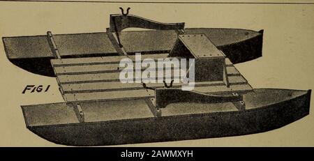 Harper's Bootstouren für Jungen; ein Führer für Motorboot, Segeln, Kanu fahren und Rudern. -kapsizierbar, und wenn nicht verdammt bis zum Leckpunkt eines oder des anderen der beiden Boote schweben und halten mehrere Personen auf. Abb. Ich gebe einen guten Ideengeber für einen Ruderkatamaran, den jeder Junge aus Platinen und Lichthölzern herstellen kann. Er ist mit einem Sitz-undoar-Schloss ausgestattet, damit der Insassen weit genug über dem Wasserwasser sitzen kann, um leicht zu rudern. Die Boote sind 14 Fuß lang, 18 Zoll breit und 14 Zoll tief, einschließlich Boden und Deck. Kiefer, Weißholz, Zeder oder Zypresse, drei Viertel davon Stockfoto