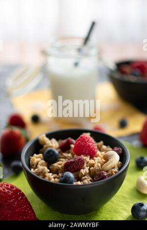 Köstliches Müsli mit frischen und getrockneten Früchten. Mit verschwommenem Hintergrund Stockfoto