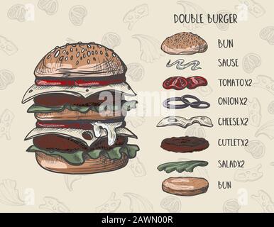 Burger Menü mit Zusammensetzung der Produkte Stock Vektor