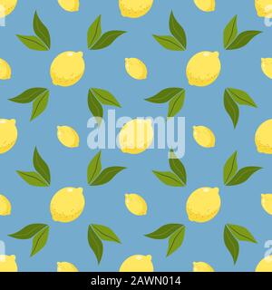 Gelbe Zitronen auf blauem Hintergrund. Vektor-nahtloses Muster Stock Vektor