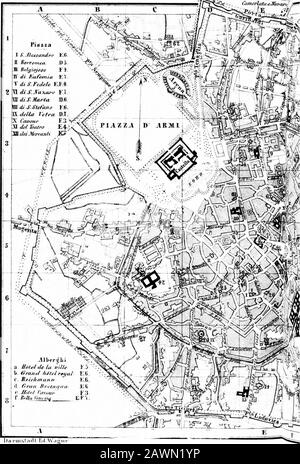 Italien: Handbuch für travellersFirst Part, Norditalien. S. Martinothe Linie überquert den Ticino durch eine breite und schöne Steinbrücke aus 11 Bögen, die die Österreicher vor der Schlacht von Magenta teilweise zerstörerisch, aber nicht ausreichend, um die Durchfahrt der Franzosen zu verhindern. Der größere Teil der französischen andsardischen Armee überquerte den Fluss bei Ponte di Turbigo, 9 M.farther N. Weiter weiter, der Naviglio Orande (S. 144), eine Kanalle, die Mailand mit dem Ticino und dem Lago Maggiore verbindet, durchzogen. Stat. Magenta ist unvergesslich als Schauplatz der Schlacht am 4. Juni 1859 zwischen den Österreichern und den u Stockfoto