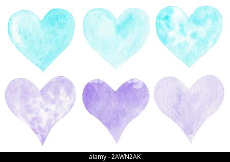 Handbemaltes Aquarell blaue und violette Herzen gesetzt. Die Kollektion "Cute Hearts" ist isoliert auf weißem Hintergrund. Romantisches Designelement für Hochzeitsfeier Invitatio Stockfoto