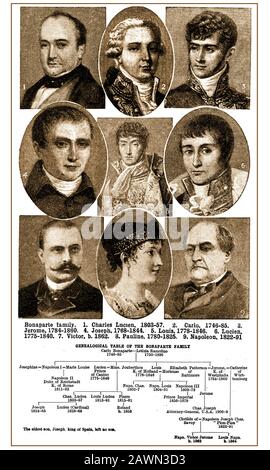 1921 gedrucktes Bild mit Porträts und dem Stammbaum der Familie Bonaparte (und Geburts- und Sterbedaten). Stockfoto