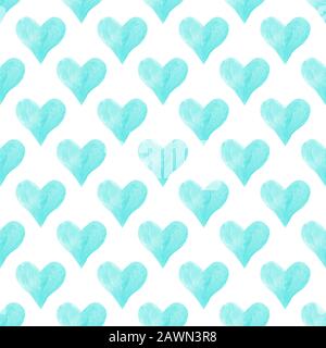 Das nahtlose Muster der Herzen von Aquarell. Blaues, wasserfarbenes digitales Herzpapier. Bunte, romantische Textur in Wasserfarben. Stockfoto