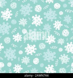 Vector Aqua blau monochrome Hand gezeichnete Corona-Viruskeime nahtloses Muster. Geeignet für Geschenkverpackung, Textil und Tapete. Stock Vektor