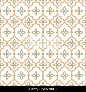 Orientalisches, nahtloses Muster. Arabisch marokkanische Keramikfliesen in Pastellfarben. Quatrefoil mit geometrischem Blumenhintergrund. Stock Vektor